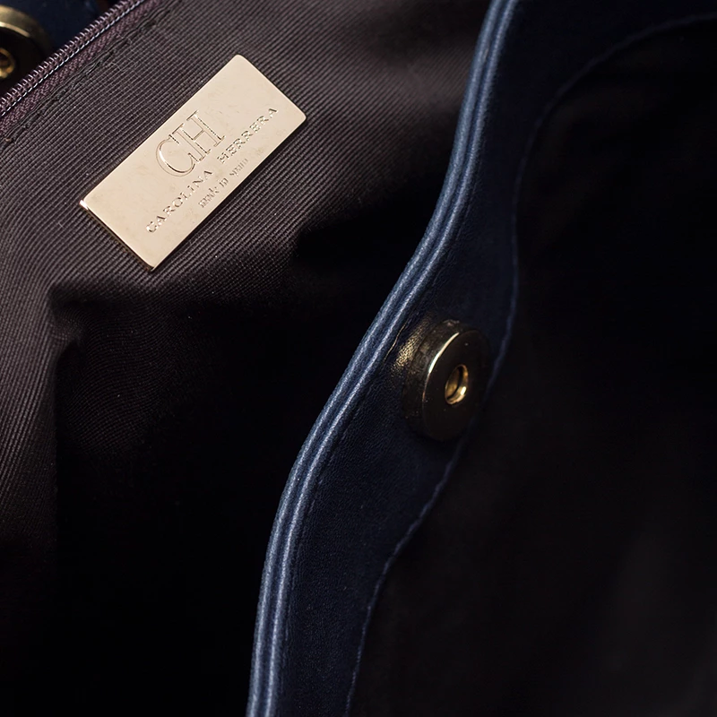 Carolina Herrera Navy Blue Monogram Leather Tote Women