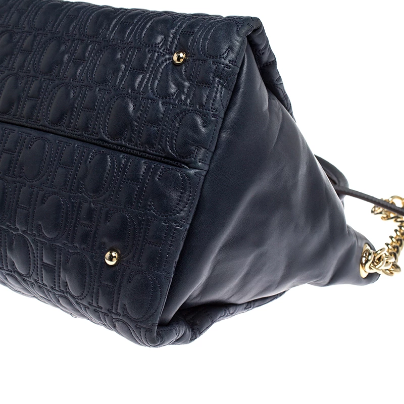 Carolina Herrera Navy Blue Monogram Leather Tote Women