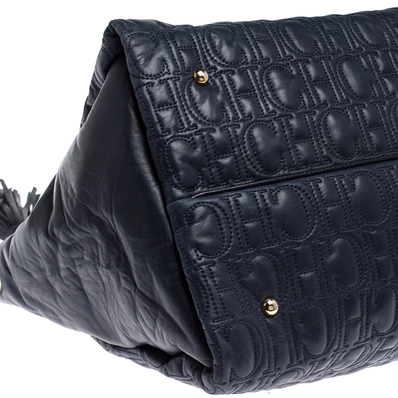 Carolina Herrera Navy Blue Monogram Leather Tote Women