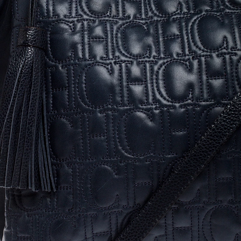 Carolina Herrera Navy Blue Monogram Leather Tote Women