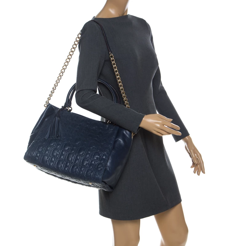 Carolina Herrera Navy Blue Monogram Leather Tote Women