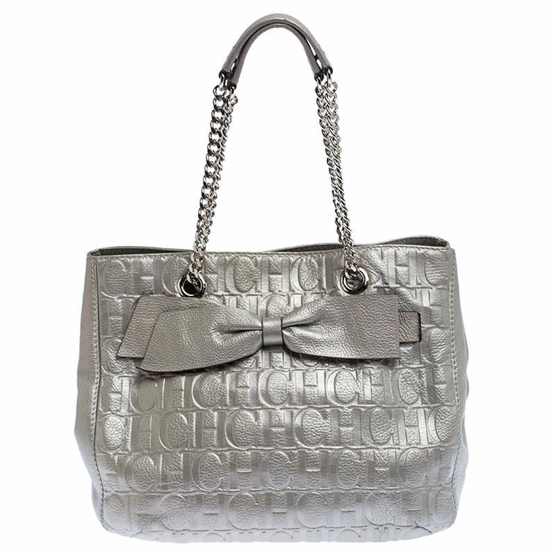 Carolina Herrera Silver Monogram Leather Audrey Tote Women
