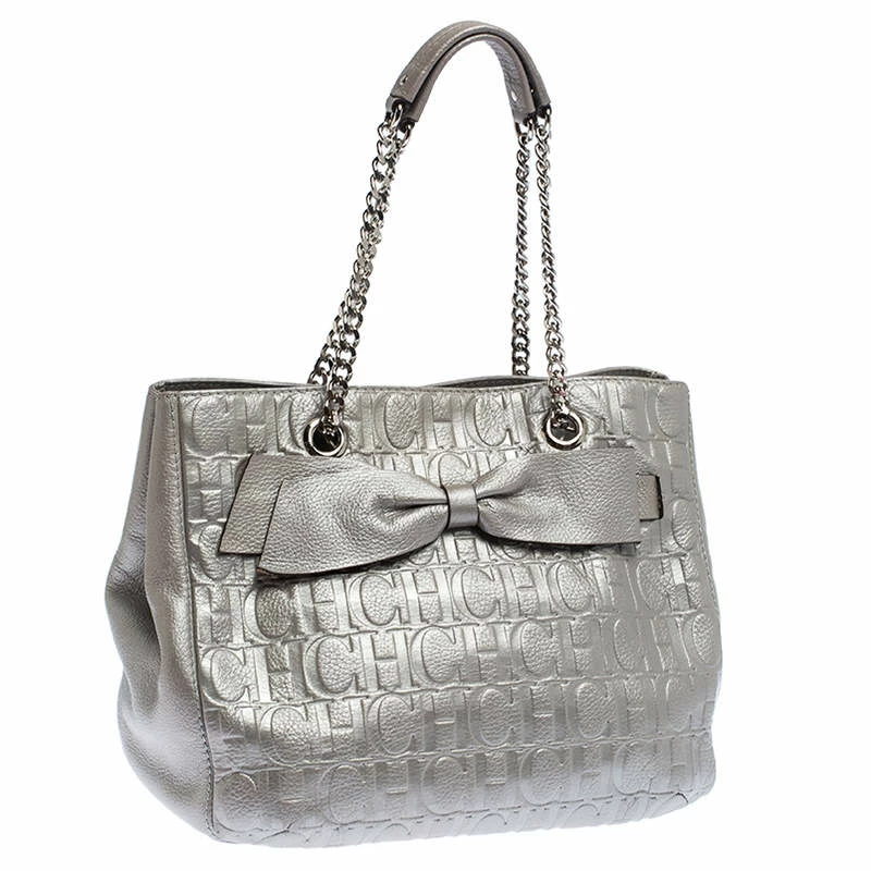 Carolina Herrera Silver Monogram Leather Audrey Tote Women