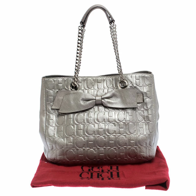 Carolina Herrera Silver Monogram Leather Audrey Tote Women