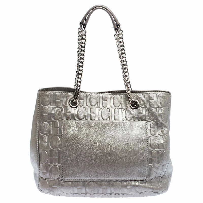 Carolina Herrera Silver Monogram Leather Audrey Tote Women