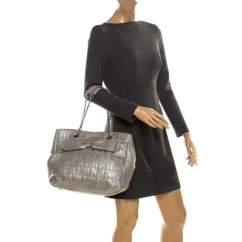 Carolina Herrera Silver Monogram Leather Audrey Tote Women