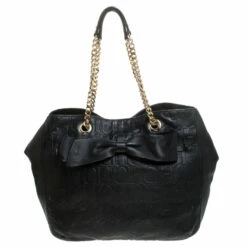 Carolina Herrera Black Embossed Leather Bow Bucket Shoulder Bag Women