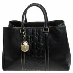 Carolina Herrera Black Monogram Leather Matteo Tote Women