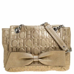 Carolina Herrera Metallic Gold Monogram Leather Audrey Shoulder Bag Women