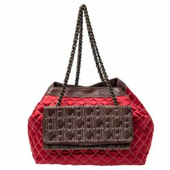 Carolina Herrera Red/Brown Quilted Satin And Leather Logo Pocket Shoulder Bag Women