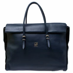 Carolina Herrera Navy Blue/Black Leather Flap Satchel Women