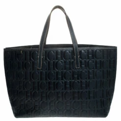 Carolina Herrera Navy Blue Monogram Leather Shopper Tote Women