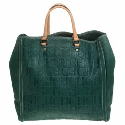 Carolina Herrera Green Monogram Leather Shopper Tote Women