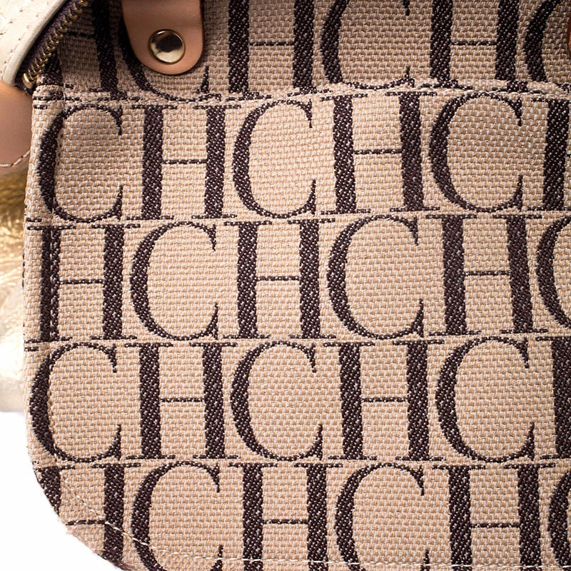 Carolina Herrera Gold Metallic Monogram Leather Andy Boston Bag Women