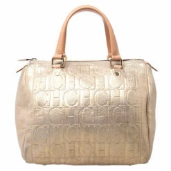 Carolina Herrera Gold Metallic Monogram Leather Andy Boston Bag Women