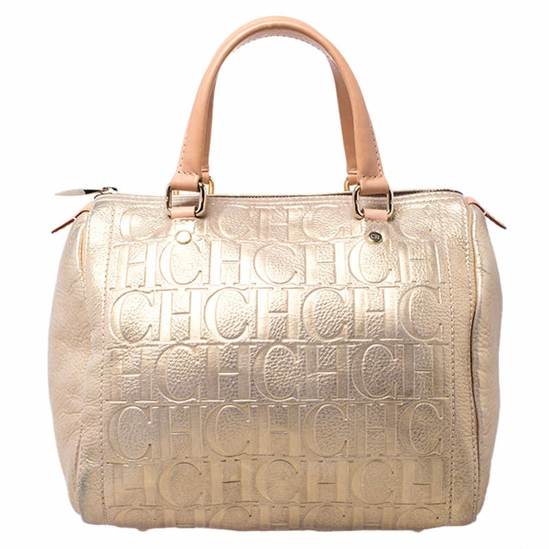 Carolina Herrera Gold Metallic Monogram Leather Andy Boston Bag Women