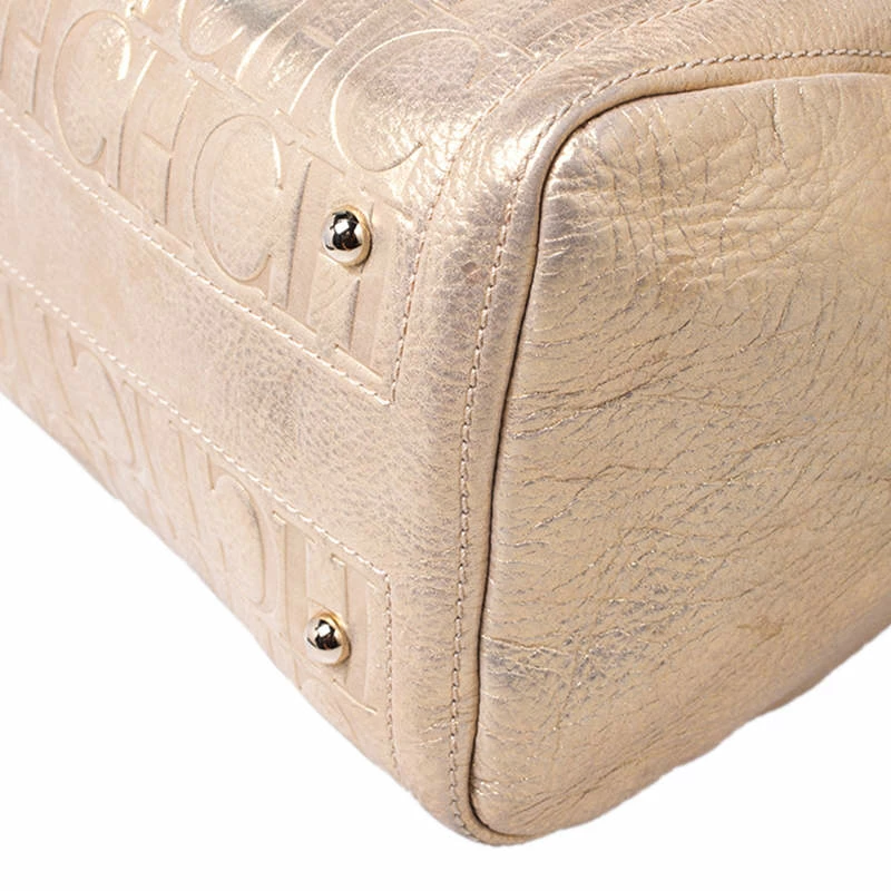 Carolina Herrera Gold Metallic Monogram Leather Andy Boston Bag Women