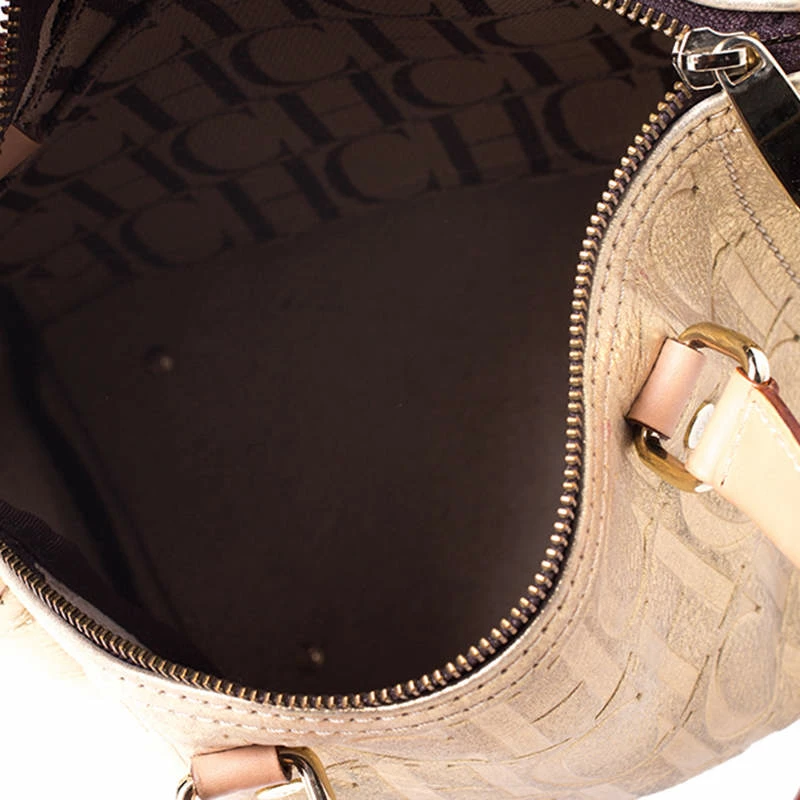 Carolina Herrera Gold Metallic Monogram Leather Andy Boston Bag Women