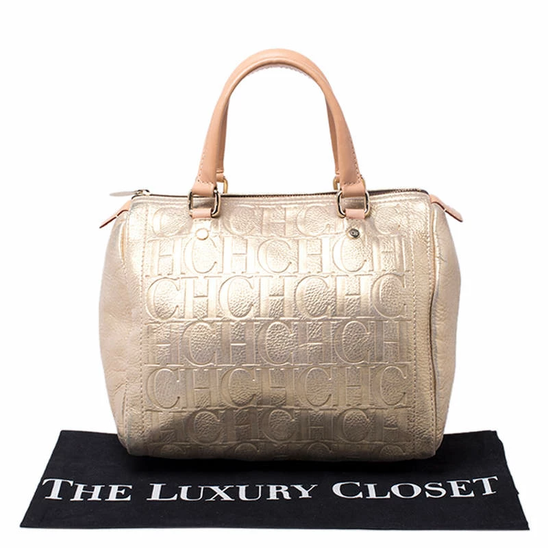 Carolina Herrera Gold Metallic Monogram Leather Andy Boston Bag Women