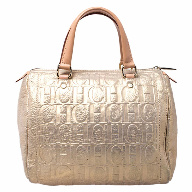 Carolina Herrera Gold Metallic Monogram Leather Andy Boston Bag Women