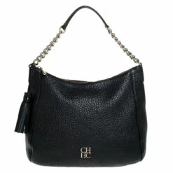 Carolina Herrera Black Leather Tassel Chain Hobo Women