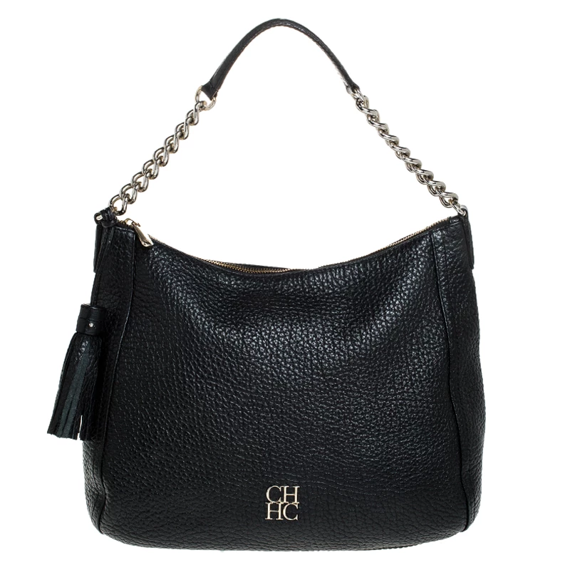 Carolina Herrera Black Leather Tassel Chain Hobo Women