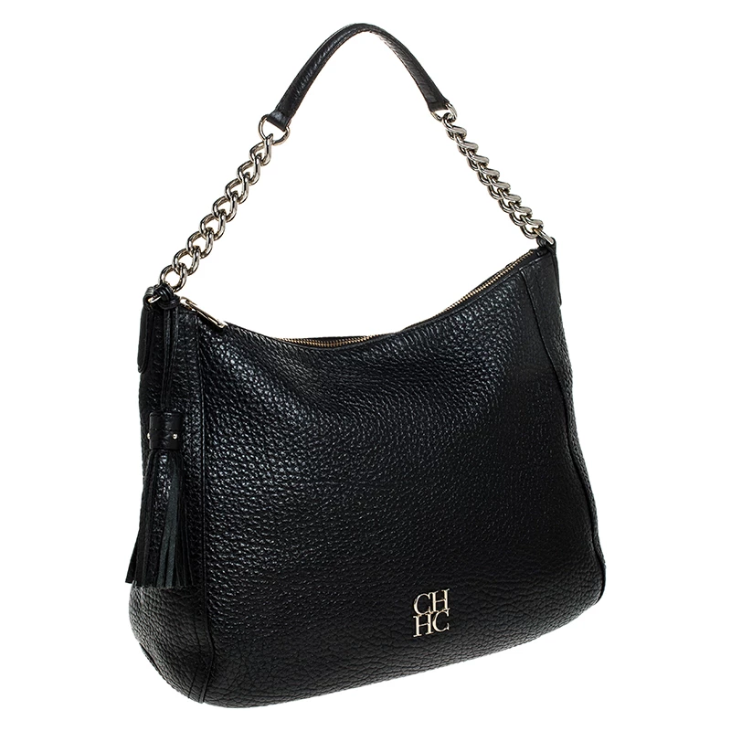 Carolina Herrera Black Leather Tassel Chain Hobo Women
