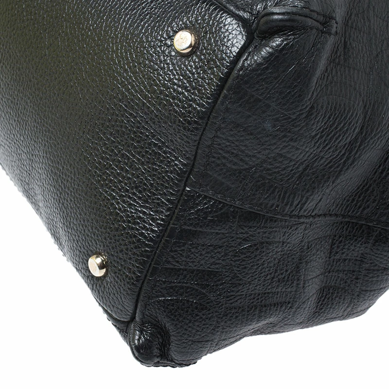 Carolina Herrera Black/Brown Monogram Embossed Leather Top Handle Bag Women