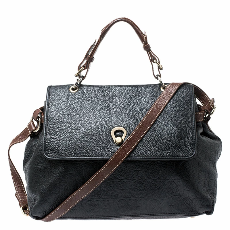 Carolina Herrera Black/Brown Monogram Embossed Leather Top Handle Bag Women