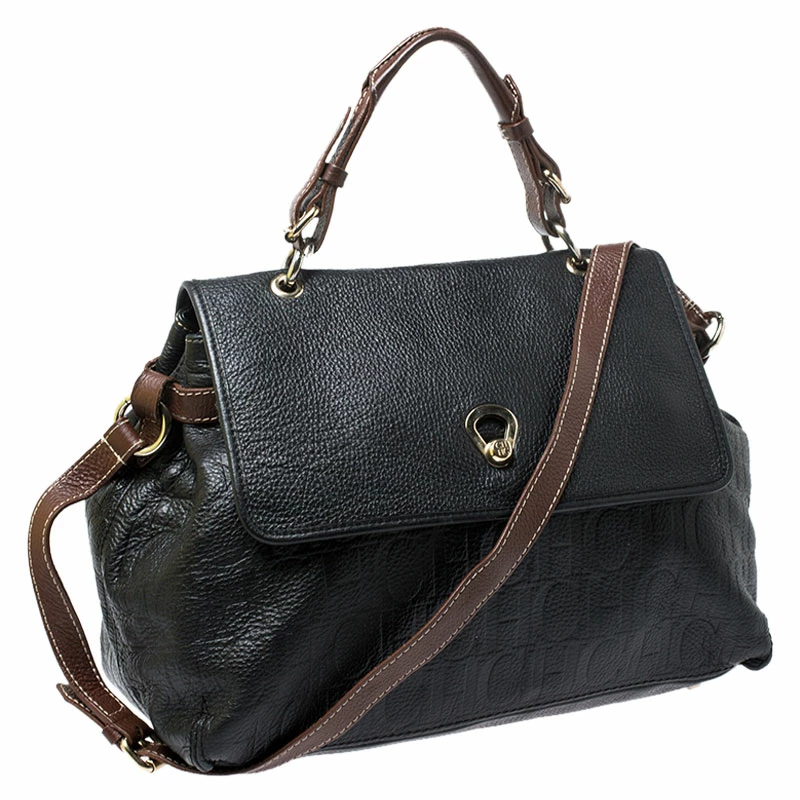 Carolina Herrera Black/Brown Monogram Embossed Leather Top Handle Bag Women