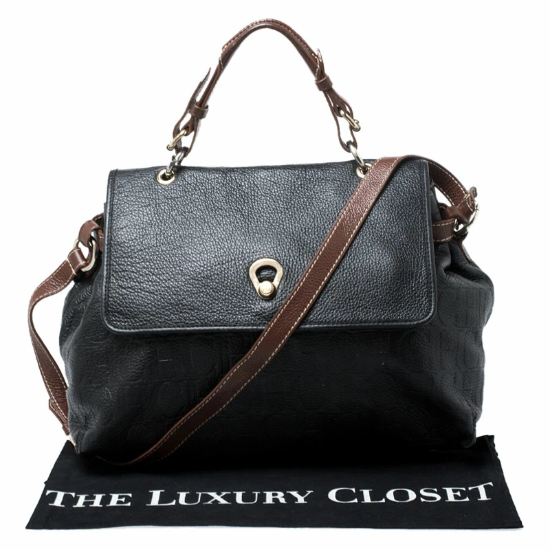 Carolina Herrera Black/Brown Monogram Embossed Leather Top Handle Bag Women