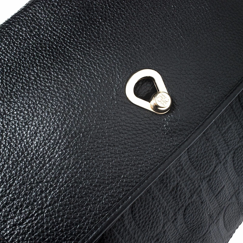 Carolina Herrera Black/Brown Monogram Embossed Leather Top Handle Bag Women