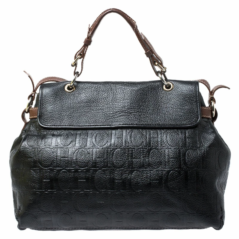 Carolina Herrera Black/Brown Monogram Embossed Leather Top Handle Bag Women
