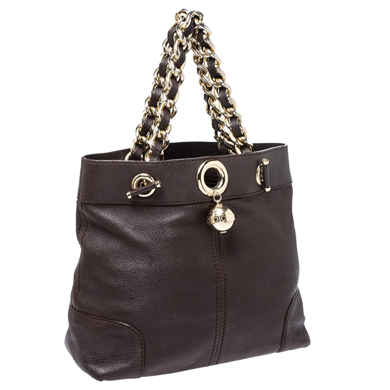 Carolina Herrera Brown Leather Chain Handle Tote Bag Women