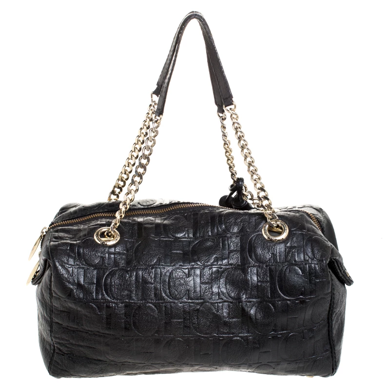 Carolina Herrera Black Monogram Leather Tassel Satchel Women 4 Carolina Herrera Black Monogram Leather Tassel Satchel Women - Image 4