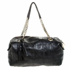 Carolina Herrera Black Monogram Leather Tassel Satchel Women