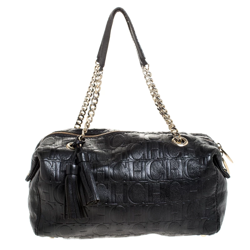 Carolina Herrera Black Monogram Leather Tassel Satchel Women 1 Carolina Herrera Black Monogram Leather Tassel Satchel Women