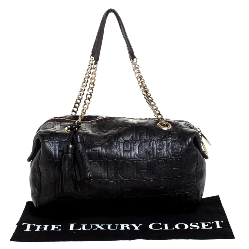 Carolina Herrera Black Monogram Leather Tassel Satchel Women 9 Carolina Herrera Black Monogram Leather Tassel Satchel Women - Image 9