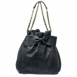 Carolina Herrera Black Embossed Leather Bow Bucket Shoulder Bag Women