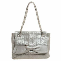 Carolina Herrera Silver Monogram Leather Audrey Shoulder Bag Women
