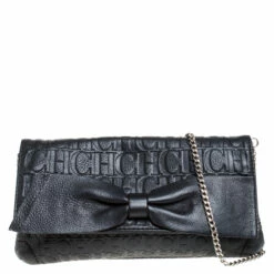 Carolina Herrera Black Monogram Embossed Leather Bow Shoulder Bag Women