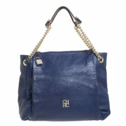 Carolina Herrera Blue Leather Crystal Embellished Lock And Logo Chain Bag Women