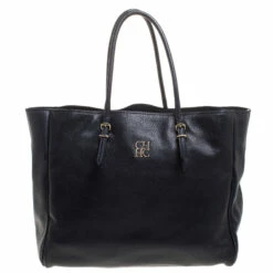 Carolina Herrera Navy Blue Leather Shopper Tote Women