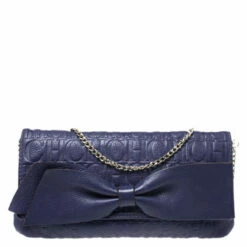 Carolina Herrera Purple Monogram Embossed Leather Bow Shoulder Bag Women