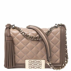 Carolina Herrera Beige Quilted Leather Tassel Shoulder Bag Women