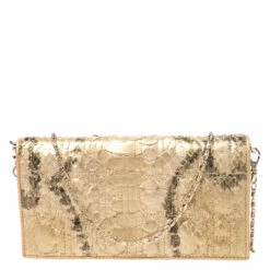 Carolina Herrera Metallic Gold Python Chain Clutch Women