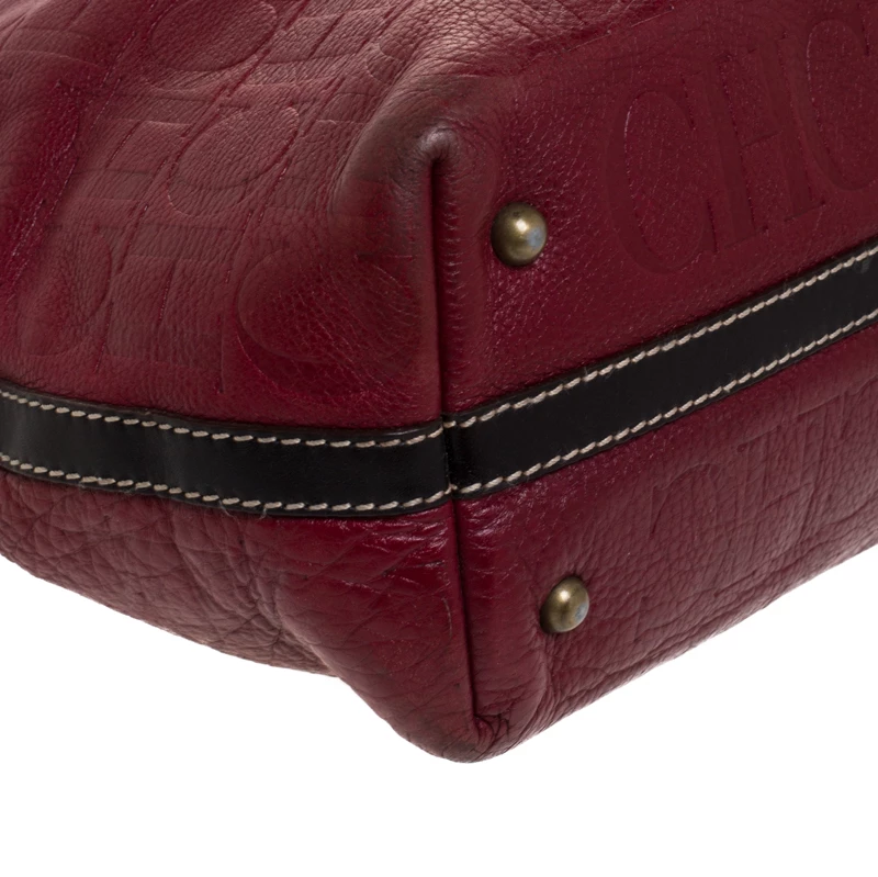 Carolina Herrera Red/Dark Brown Monogram Embossed Leather Shopper Tote Women