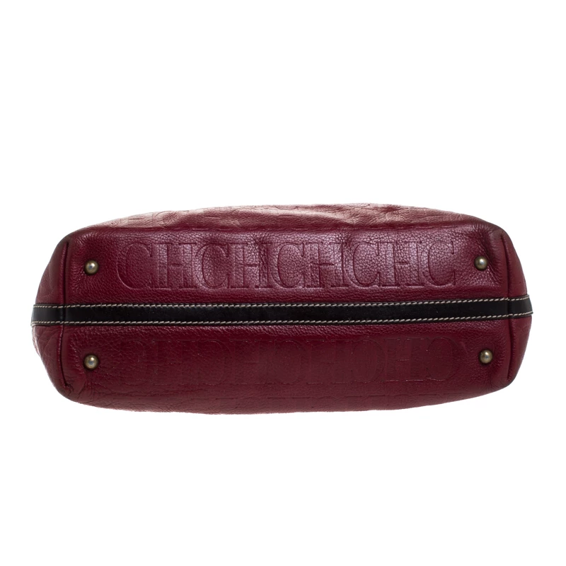 Carolina Herrera Red/Dark Brown Monogram Embossed Leather Shopper Tote Women