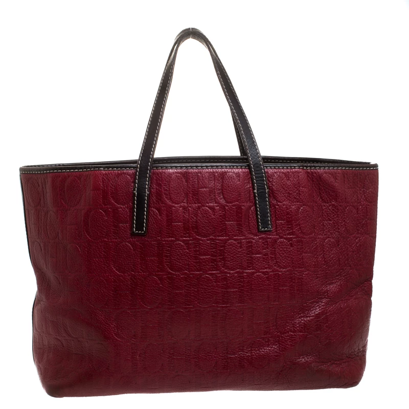 Carolina Herrera Red/Dark Brown Monogram Embossed Leather Shopper Tote Women