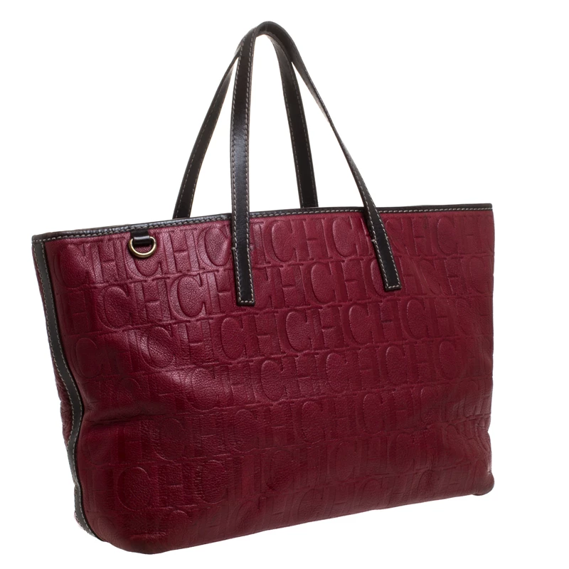 Carolina Herrera Red/Dark Brown Monogram Embossed Leather Shopper Tote Women